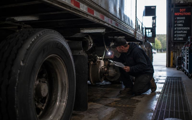 Technician with flashlight and checklist performing a DOT inspection under a trailer