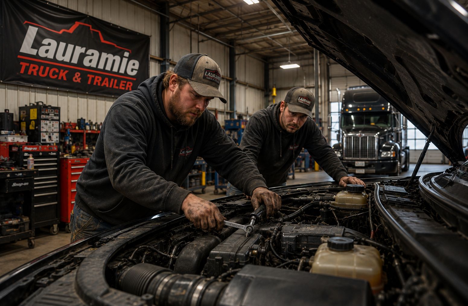 Two Lauramie Truck & Trailer technicians working under the hood in the shop with a semi in the background