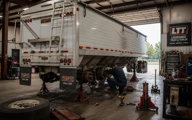 Grain trailer on jack stands for axle and brake repair